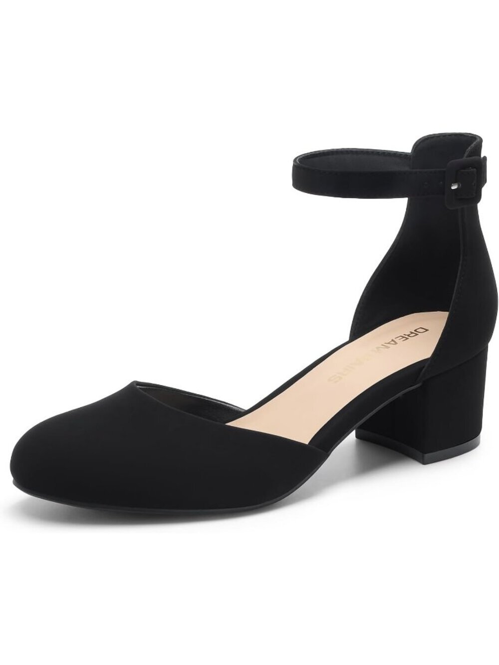 Women's Black Nubuck Closed Round Toe Ankle Strap Low Chunky Block Heels Pumps - Picture 1 of 6